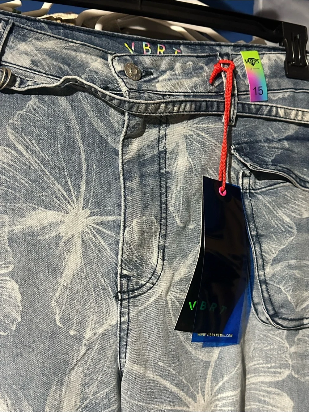 Vibrant Denim Cargo Pants Butterfly Print, 15, NWT